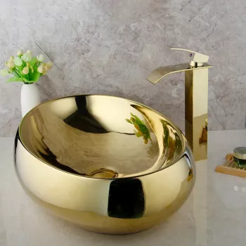 Golden Ceramic Sink Set: Brass Faucet + Drain Luxe